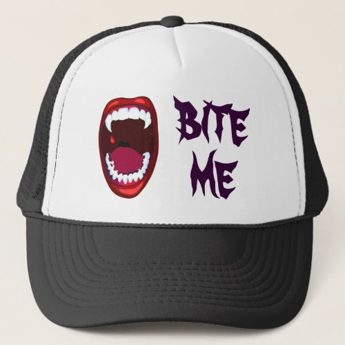 Bite Me Vampire Teeth Demon Fangs Campy Horror Art Trucker Hat