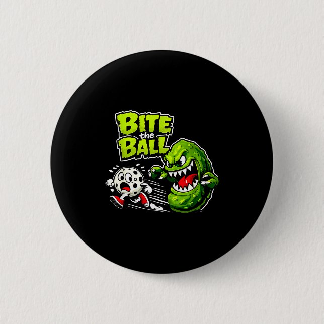 Bite the ball pickleball retro sport funny graphic button (Front)