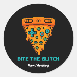  Bite the Glitch Retro 8-Bit Pixel Pizza Gamer  Classic Round Sticker