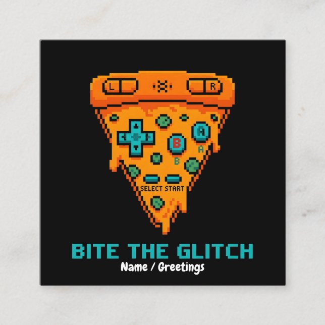  Bite the Glitch Retro 8-Bit Pixel Pizza Gamer  Square Business Card (Front)