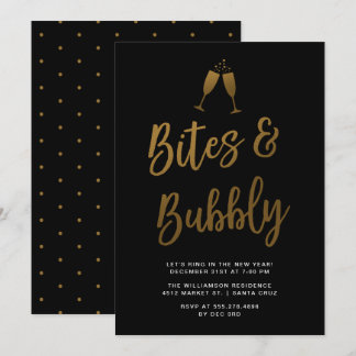 Bites & Bubbly | Gold Script New Year Party Invitation
