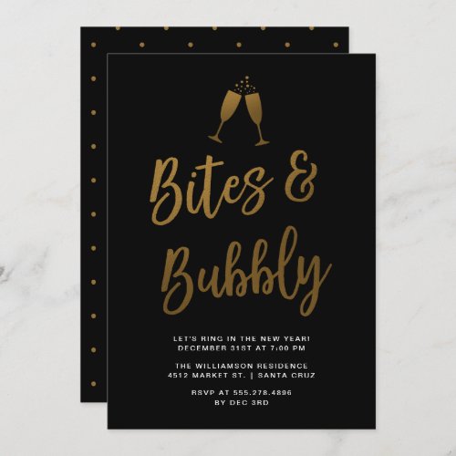Bites  Bubbly  Gold Script New Year Party Invitation