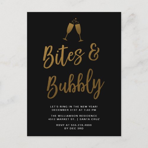 Bites  Bubbly  Gold Script New Year Party Postcard
