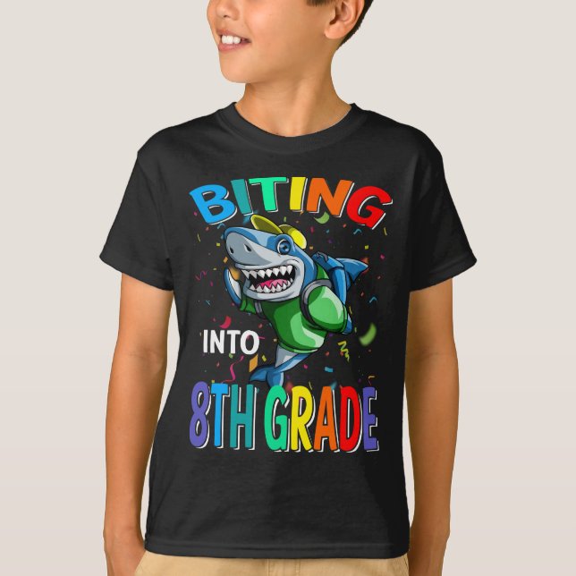 Biting Into 8th Grade Shark Back To School T-Shirt (Front)