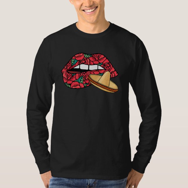 Biting Lips Dia De Los Muertos Mexican Sombrero Da T-Shirt (Front)