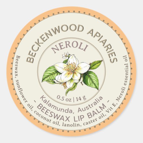 Bitter Orange Neroli Lip Balm Beekeeper Apiary Classic Round Sticker