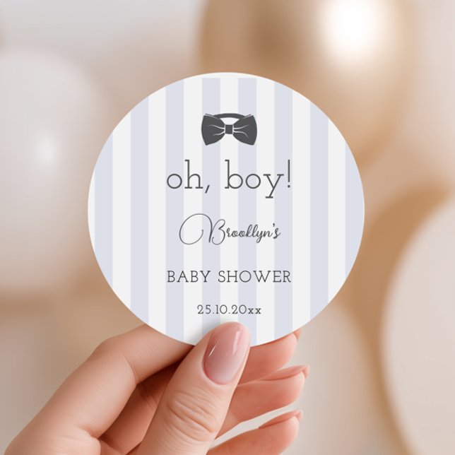 Bitty Bow Oh Boy Baby Shower Classic Round Sticker (Creator Uploaded)