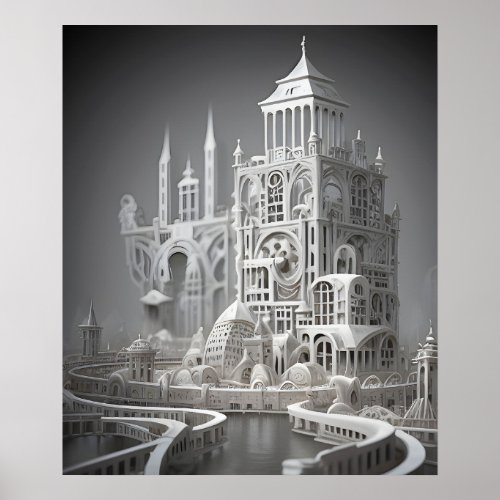 Bizarre Abstract Gray Monochromatic Surreal City Poster