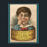 Bizarre and Funny Vintage Ad Postcard<br><div class="desc">This strange, bizarre yet funny vintage ad is for some eye salve. The drawing is of a young boy pointing to his closed problem eye. He has a strange deranged smile on his face. It probably wasn't intentional to make him look so crazy and yet he does don't you think?!...</div>