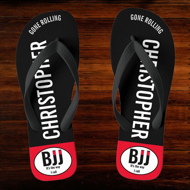 BJJ Black Belt Rolling Add Your Name Jiu Jitsu Flip Flops (Personalized Jiu Jitsu Flip Flops)