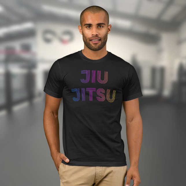BJJ Funky Brazilian Jiu Jitsu Black T-Shirt (Black Jiu Jistu T-shirt worn by a male model in a gym)