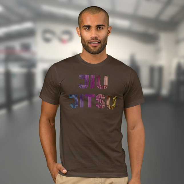 BJJ Funky Brazilian Jiu Jitsu Brown T-Shirt (Funky brown Brazilian Jiu Jitsu T-shirt worn by a male model in a gym.)