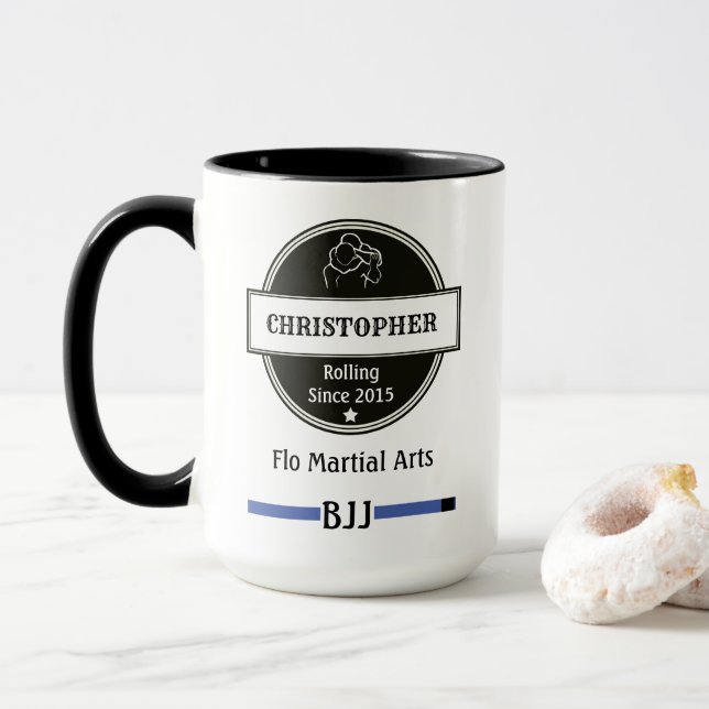 BJJ Jiu Jitsu Choke Blue Belt Name Club And Date Mug (With Donut)