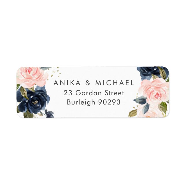 Bkush & Navy Floral Wedding Return Address Label (Front)