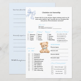 Blå Sløyfe Bamse spådomsark for dåp/babyshower