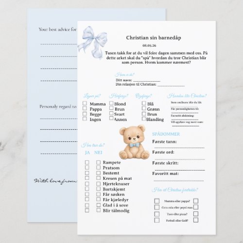 Blå Sløyfe Bamse spådomsark for dåp/babyshower