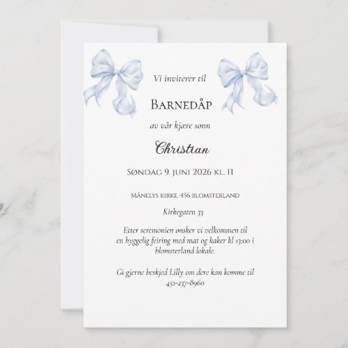 Blå Sløyfe Dåpsinvitasjon Invitation