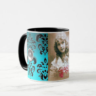 BLACJ BLUE DAMASK GEMSTONE PHOTO TEMPLATE MUG