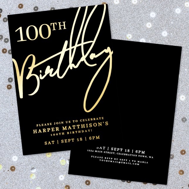 Black 100th Birthday Gold Foil Invitation (Black 100th Birthday Gold Foil Invitation )