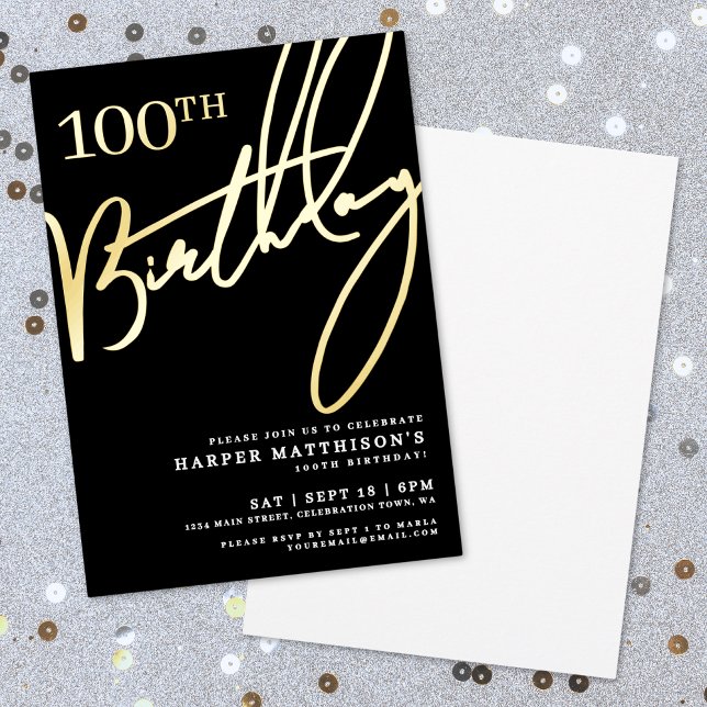 Black 100th Birthday Gold Foil Invitation (Black 100th Birthday Gold Foil Invitation)