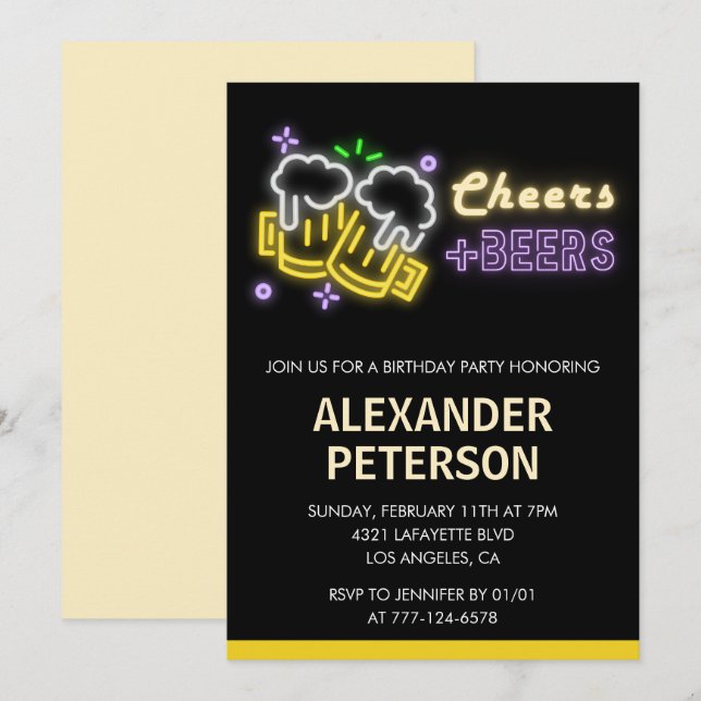 Black 100th birthday invitation Beer Men Neon (Front/Back)