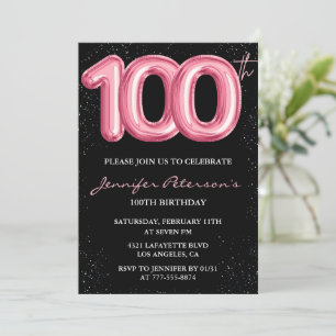 Black 100th birthday invitations Balloon Glam Pink