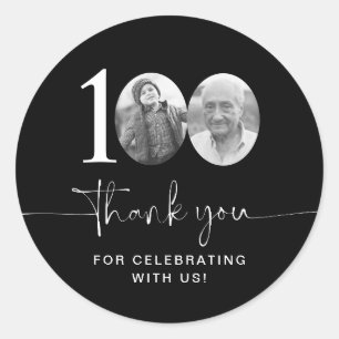 Black 100th Birthday Thank You Classic Round Sticker