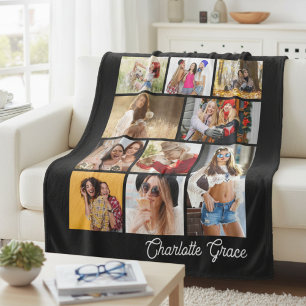 Black 10 Photo Collage Personalized Name Gift Fleece Blanket