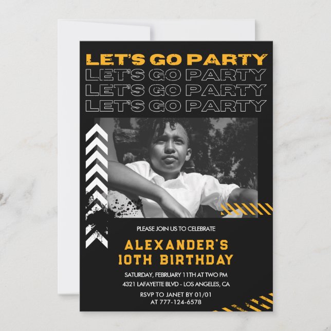 Black 10th birthday invitations Boy Photo Spray (Front)
