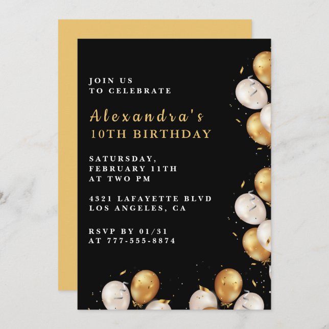 Black 10th birthday invitations Gold Balloon  (Front/Back)
