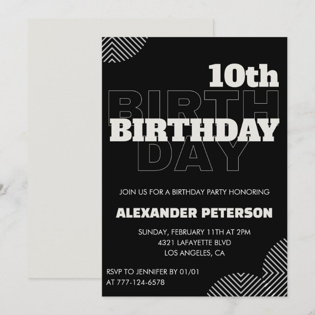 Black 10th birthday invitations Party Boy (Front/Back)
