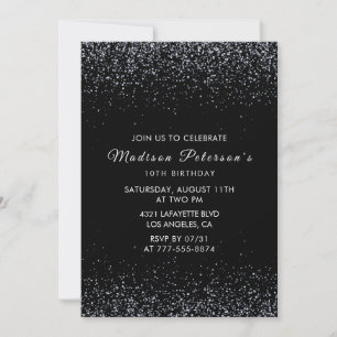 Black 10th birthday invitations Silver Glitter