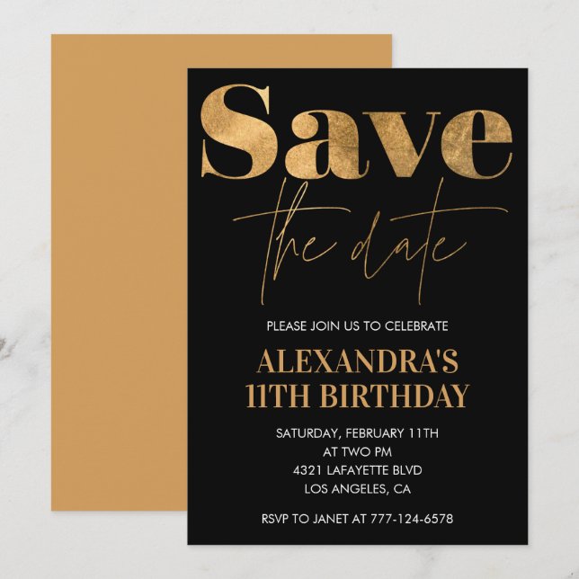 Black 11th birthday invitations Save the date Gold (Front/Back)
