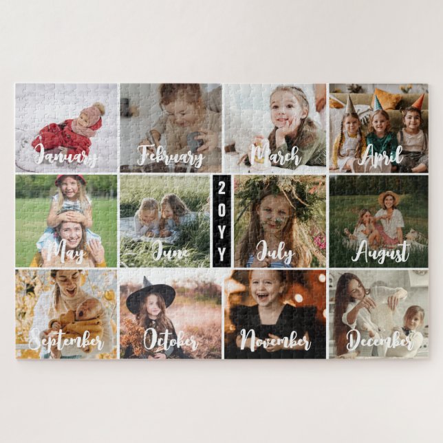 Black 12 Photo Months & Year Collage Jigsaw Puzzle (Horizontal)