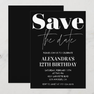 Black 12th birthday invitation Save the date White