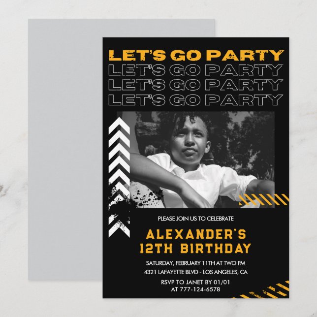 Black 12th birthday invitations Boy Photo Spray (Front/Back)