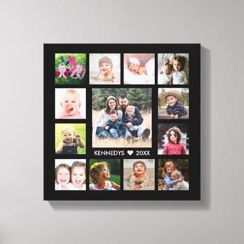 Black  13 Photo Collage Family Name Personalized  Canvas Print