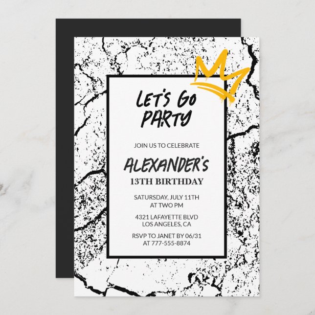 Black 13th birthday invitation Boy Hip Hop   (Front/Back)