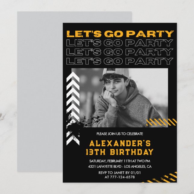 Black 13th birthday invitations Boy Photo Spray (Front/Back)