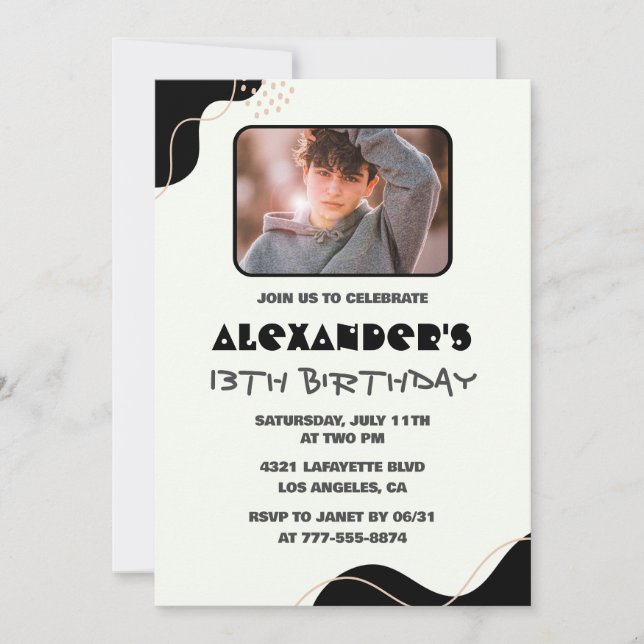 Black 13th birthday invitations Boy Simple Photo (Front)