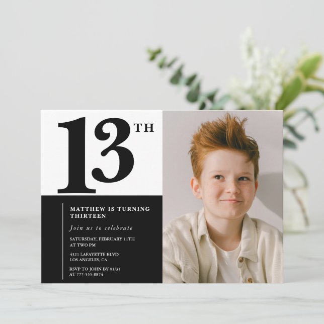 Black 13th birthday invitations Elegant Chic (Standing Front)