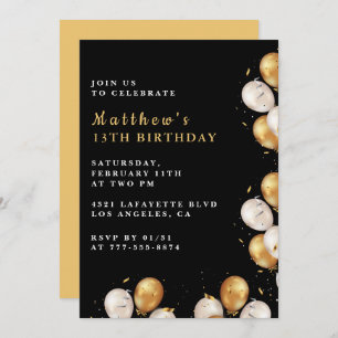 Black 13th birthday invitations Gold Balloon Boy