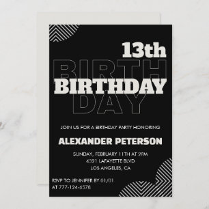Black 13th birthday invitations Party Boy