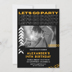 Black 14th birthday invitations Boy Photo Spray