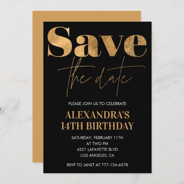 Black 14th birthday invitations Save the date Gold (Front/Back)