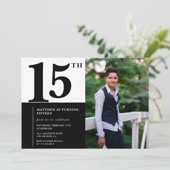 Black 15th birthday invitations Elegant Chic (Standing Front)