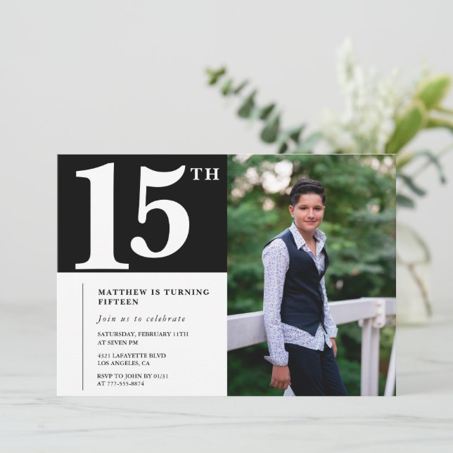 Black 15th birthday invitations Modern Chic Photo (Standing Front)