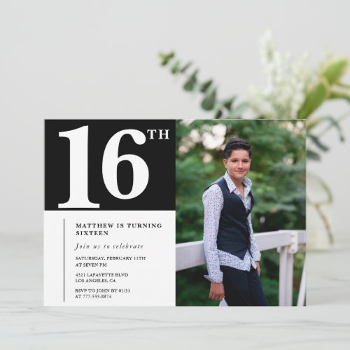 Black 16th birthday invitations Modern Chic Photo