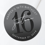Black 16th Birthday Party Classic Round Sticker<br><div class="desc">Modern Black and White 16th Birthday Sticker. Celebrate sixteen in style with this bold and contemporary round sticker. The design features a large black “16” with the word “Sixteen” layered over it in clean white script for a striking, modern look. The birthday person’s name and date are positioned around the...</div>