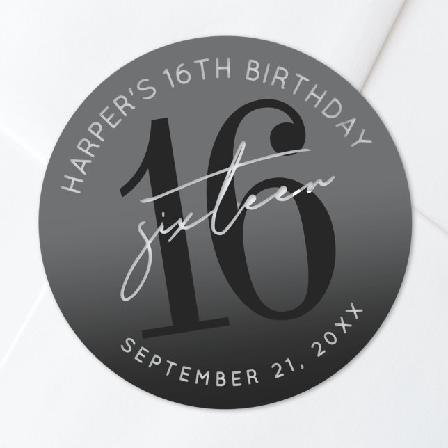 Black 16th Birthday Party Classic Round Sticker (Black 16th Birthday Party Classic Round Sticker)